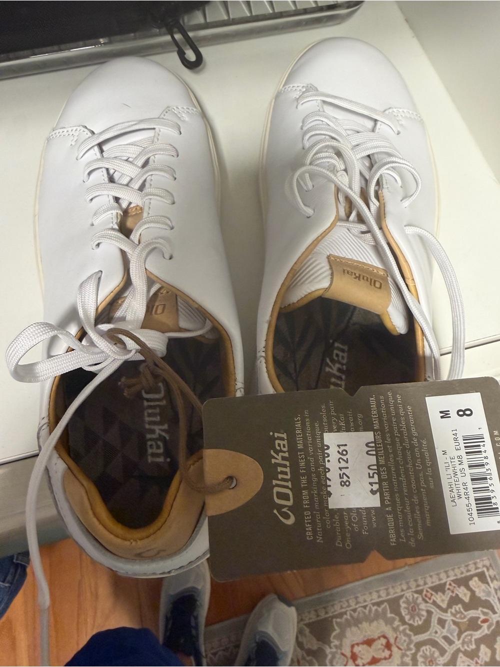 Olukai Men's White Leather Casual Sneakers with Tan Accents NWT